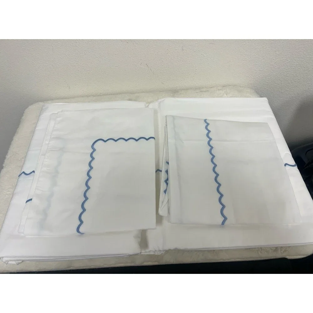 Matouk Astrid Cotton Percale King Duvet Cover Set White/Azure Blue - NWT $800